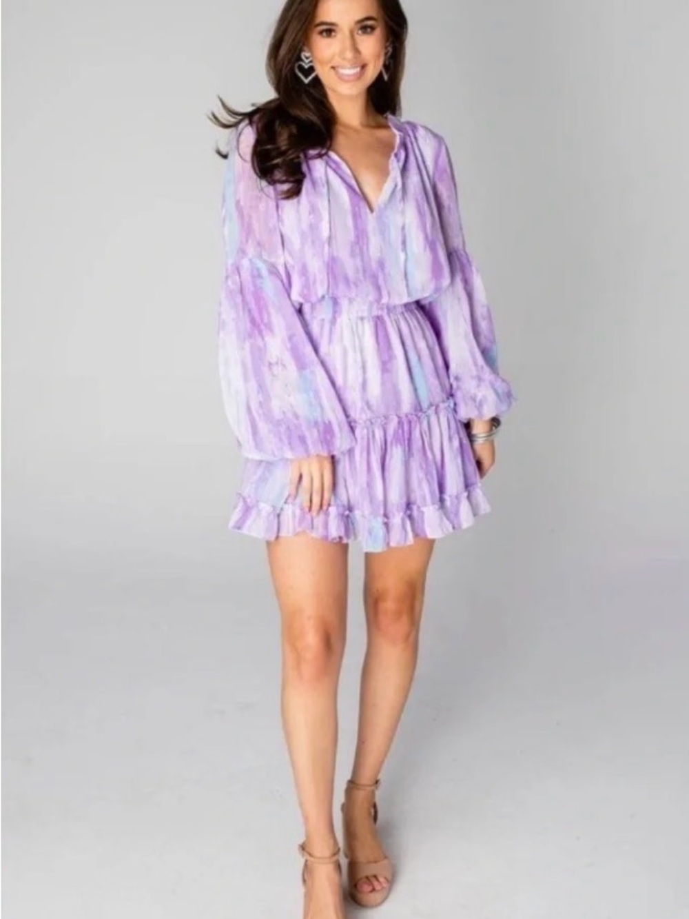 Buddy Love Zozo Dress Venus Purple Tie Dye Ruffle Mini Dress Boho Long Sleeve